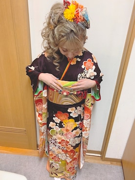 「振袖のアイテム（その他、オレンジ系）」を使った、YUUKA🦋さん（レディース・158cm）の冬コーディネート