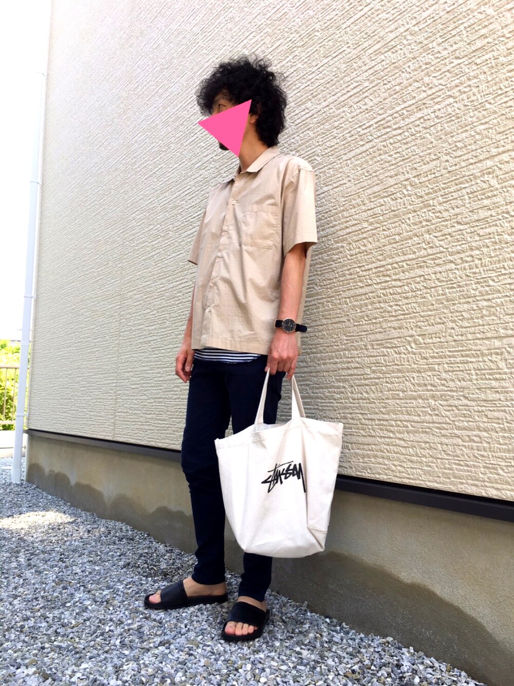 「GU、休日スタイル、レディースアイテム、RAGEBLUE、夏、おしゃれさんと繋がりたい」｜「GUのアイテム（シャツ/ブラウス、ベージュ系）」を使った、J.Jさん（メンズ・172cm）の夏コーディネートの1枚目の写真