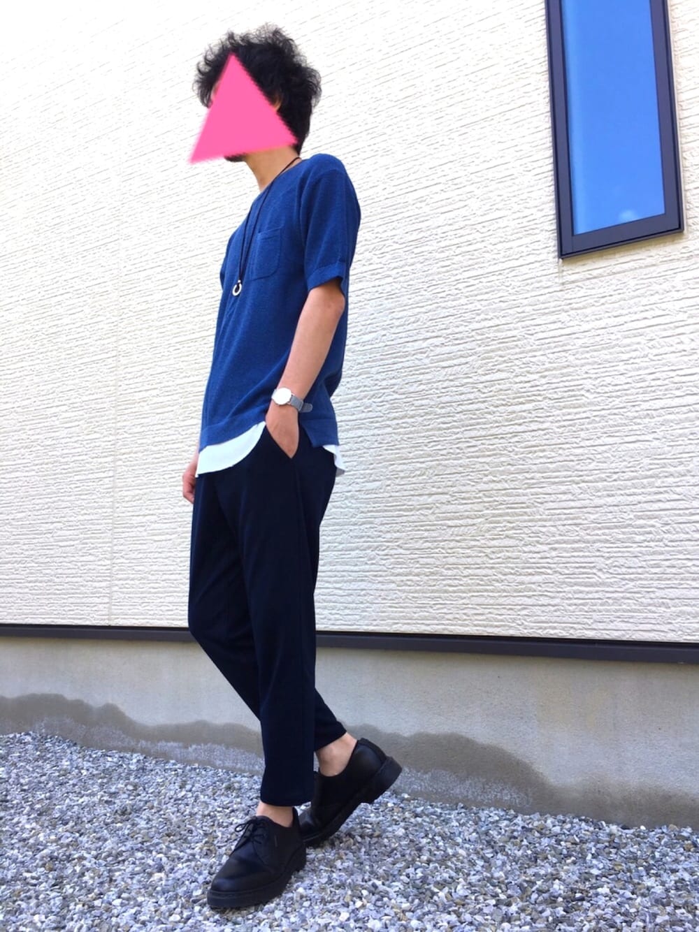 「夏コーデ、シンプル、ゆるコーデ、大人カジュアル、レイジブルー、Daniel Wellington」｜「RAGEBLUEの強撚ニット半袖/722256（ニット/セーター、ブルー系）」を使った、J.Jさん（メンズ・172cm）の夏コーディネートの1枚目の写真