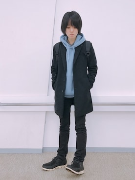 「アイテム（パーカー、ブルー系）」を使った、batuさん（メンズ・162cm）の冬コーディネート