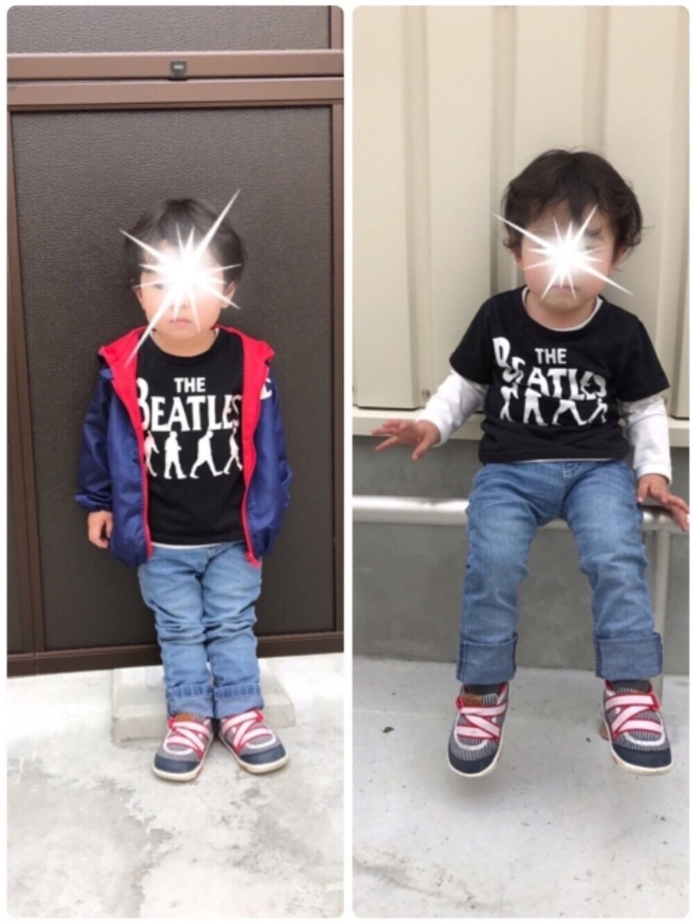 「2歳、男の子、重ね着、デニム、ビートルズ、Champion、Right-on、IFME、買い物」｜「Championのアイテム（ナイロンジャケット、ブルー系）」を使った、y88nさん（キッズ・153cm）の春コーディネートの1枚目の写真