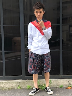 「yoshiokubo（ヨシオクボ）のyoshiokubo GROUNDFLOOR 『DRY LEAF』タックショーツ（その他パンツ）」を使った、MIDWEST_ECさん（メンズ・174cm）の夏コーディネート