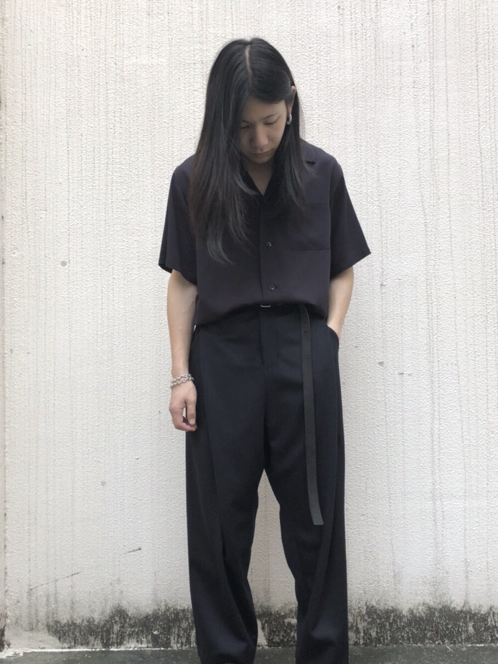 「夏、開襟シャツ、タックイン、シンプルスタイル、ロングベルト、シャツスタイル、ワイドパンツ、ootd、outfit」｜「DIET BUTCHERのDIET BUTCHER SLIM SKIN オープンカラーシャツ（シャツ/ブラウス、ブルー系）」を使った、MIDWEST_ECさん（メンズ・173cm）の夏コーディネートの1枚目の写真