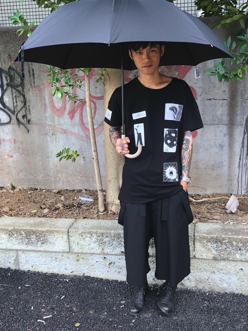 「GROUND Y、DIET BUTCHER SLIM SKIN、PADRONE、別注、黒、パッチワーク、ootd、なつこーで、MIDWEST」｜「DIET BUTCHERの■別注■DIET BUTCHER SLIM SKIN ×MIDWEST EXCLUCIVE パッチTシャツ（Tシャツ/カットソー、ホワイト系）」を使った、MIDWEST_ECさん（メンズ・173cm）の夏コーディネートの1枚目の写真