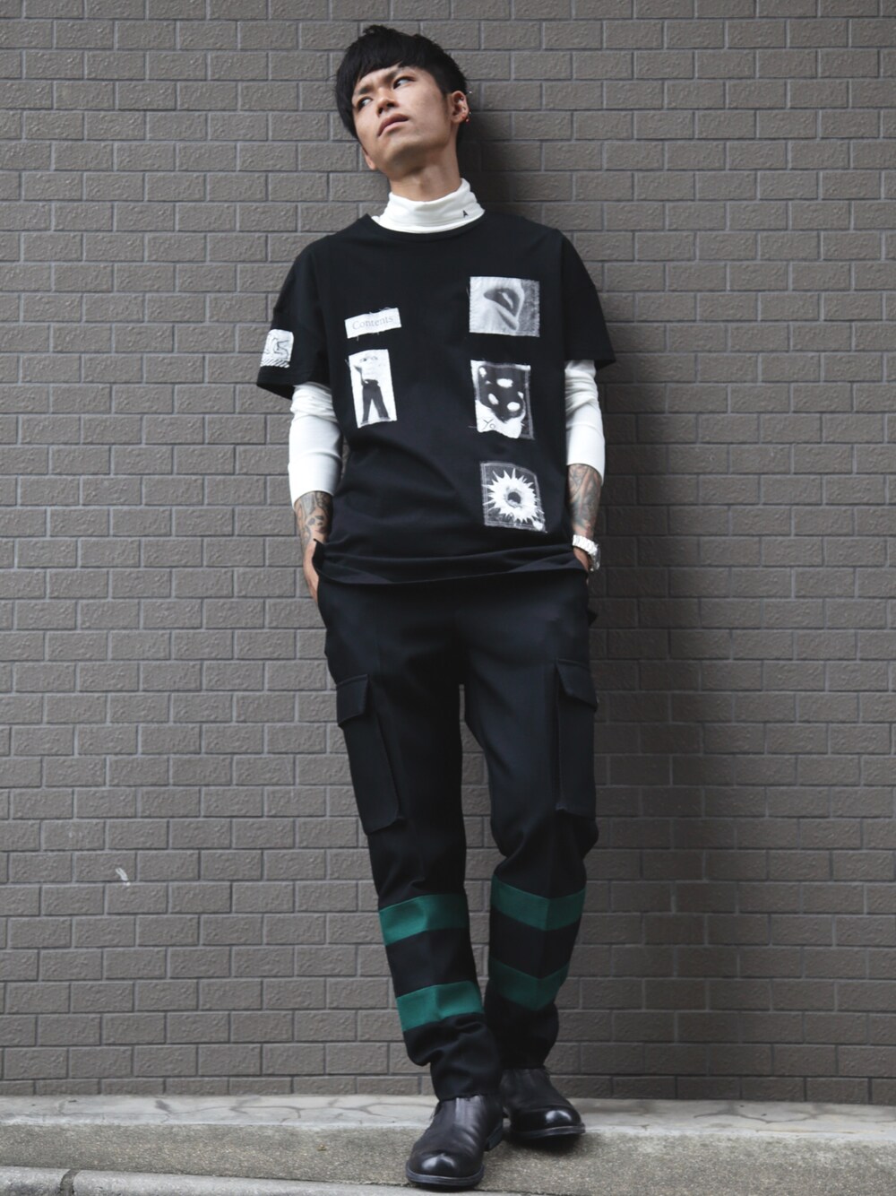 「MIDWEST、DIET BUTCHER SLIM SKIN、PADRONE、Tシャツ、レイヤードスタイル、AMBUSH、ootd、アキコーデ、シック」｜「DIET BUTCHERの■別注■DIET BUTCHER SLIM SKIN ×MIDWEST EXCLUCIVE パッチTシャツ（Tシャツ/カットソー、ホワイト系）」を使った、MIDWEST_ECさん（メンズ・173cm）の秋コーディネートの1枚目の写真