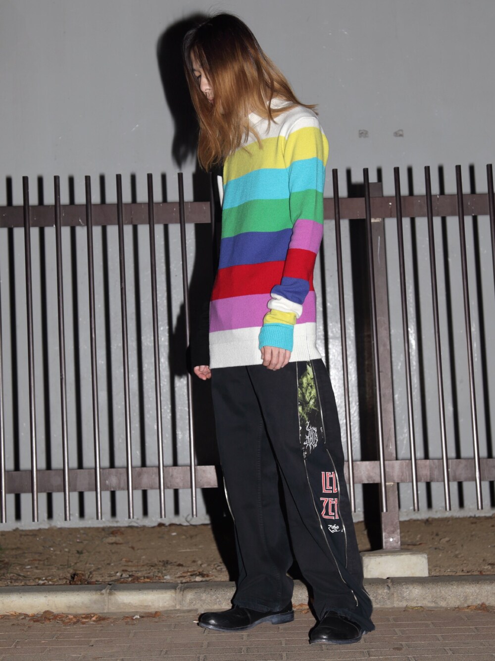 「秋のコーデ、秋、冬コーデ、ニット、CHRISTIAN DADA、革靴、ボーダー、セーター、ワイドパンツ、ootd」｜「CHRISTIAN DADAのCHRISTIAN DADA “Color Bars”モックネックニットセーター（ニット/セーター、その他）」を使った、MIDWEST_ECさん（メンズ・173cm）の秋コーディネートの1枚目の写真