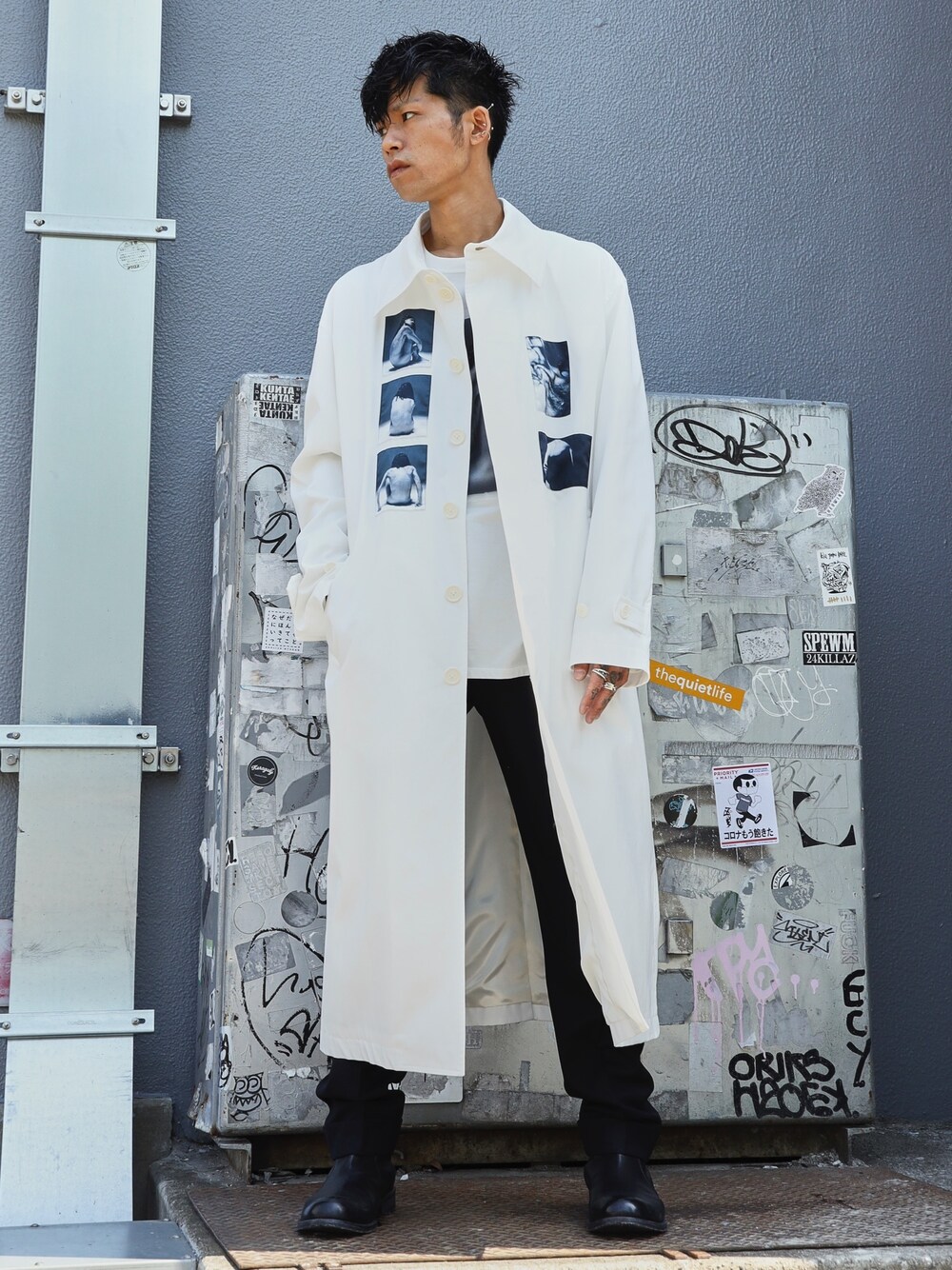 「DRESSEDUNDRSSED、PADRONE、パッチワーク、コート、はるコーデ、MIDWEST、ootd、今日のコーデ、スラックス」｜「DRESSEDUNDRESSEDのDRESSEDUNDRESSED “NUDES”コート（その他アウター、ホワイト系）」を使った、MIDWEST_ECさん（メンズ・173cm）の春コーディネートの1枚目の写真