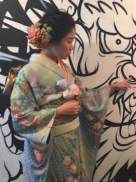 「アイテム（浴衣、グリーン系）」を使った、Culumi さん（レディース・160cm）の冬コーディネート