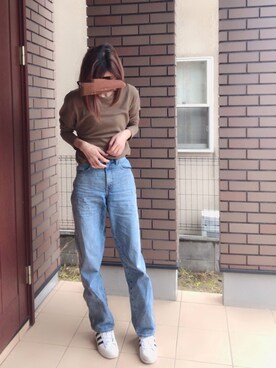 「UNIQLO（ユニクロ）のハイライズワイドストレートジーンズ（デニムパンツ）」を使った、cononaさん（レディース・173cm）の冬コーディネート