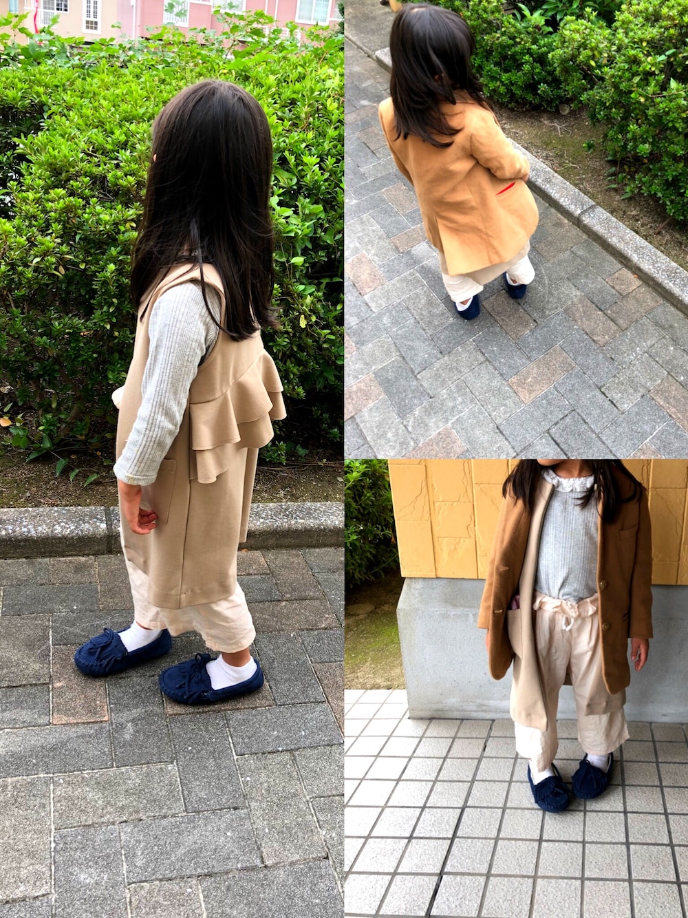 「むすめコーデ、プティマイン(petit main)、GU、5さい、ベージュコーデ」｜「petit mainのポンチ素材ロングジレ（ベスト、ベージュ系）」を使った、MINI*さん（キッズ・100cm）の秋コーディネートの1枚目の写真