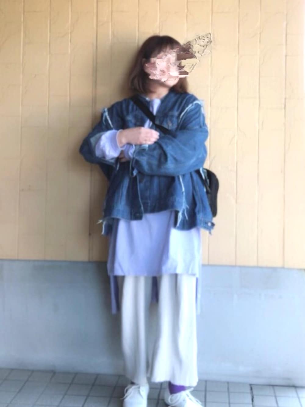 「春コーデ、ラベンダー、ビッグロンＴ、ビッグシルエット、オーバーサイズ、低身長、春色」｜「niko and...のデニムリメイクリボンジャケット（デニムジャケット、ブルー系）」を使った、MINI*さん（レディース・148cm）の春コーディネートの1枚目の写真