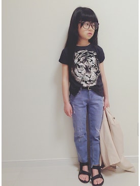 「FOREVER 21」｜「アイテム（ライダースジャケット）」を使った、☺︎nene.さん（キッズ・120cm）の春コーディネート