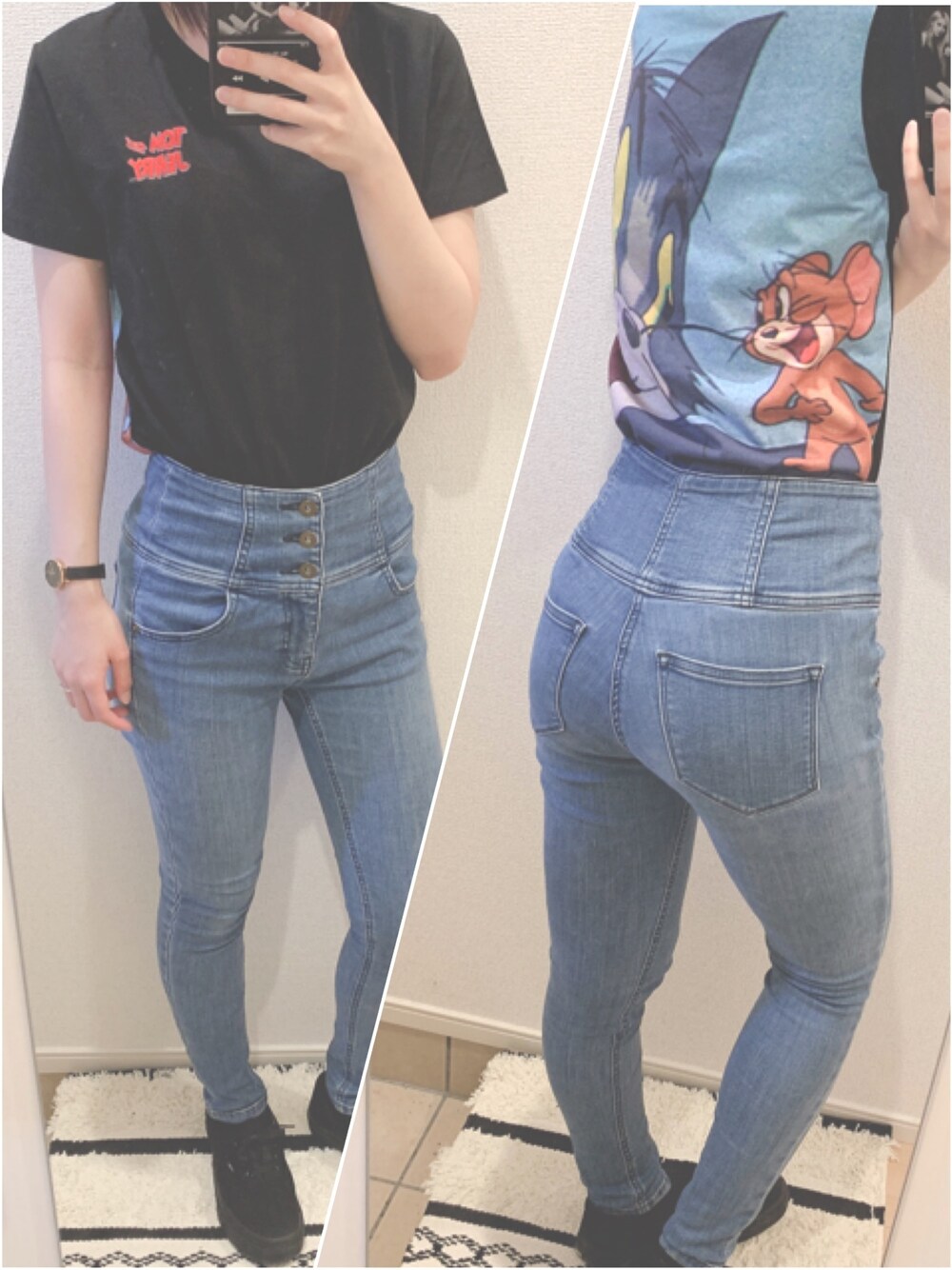 「graniph、Tシャツ、ラクチンコーデ、プチプラ、休日スタイル、お洒落さんとつながりたい、黒、柄シャツ」｜「Design Tshirts Store graniphのコラボレーション総柄Tシャツ/トムアンドジェリー(トムとジェリー)(ブラック)（Tシャツ/カットソー、ブラック系）」を使った、miwさん（レディース・160cm）の夏コーディネートの1枚目の写真
