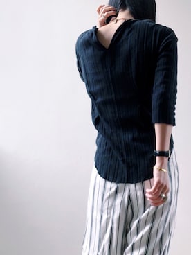 「R JUBILEE（アールジュビリー）の【別注】＜R JUBILEE＞リブタック7分袖TシャツΨ ◆（Tシャツ/カットソー、ブラック系）」を使った、waka__sanさん（レディース・162cm）の夏コーディネート