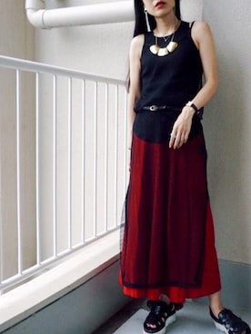 「MM6 Maison Margiela（ｴﾑｴﾑｼｯｸｽ ﾒｿﾞﾝ ﾏﾙｼﾞｪﾗ）のMM6(エムエムシックス)厚底コンフォートサンダル（サンダル、ブラック系）」を使った、waka__sanさん（レディース・162cm）の夏コーディネート