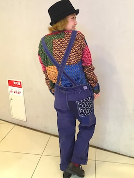 「柄×柄」｜「アイテム（オールインワン・サロペット）」を使った、リナリナ～さん（レディース・157cm）の冬コーディネート
