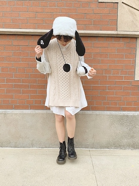 「Chico（チコ）のサイドプリーツ袖タックチュニック（シャツ/ブラウス、ホワイト系）」を使った、momoさん（レディース・159cm）の冬コーディネート