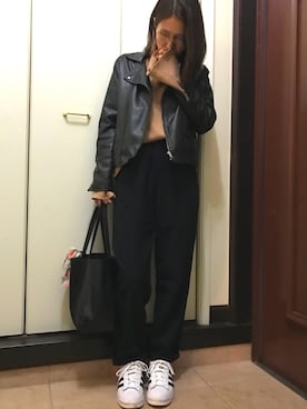 「LEPSIM」｜「アイテム（ライダースジャケット）」を使った、p.birdさん（レディース・160cm）の春コーディネート