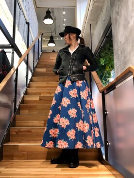 「マキシスカート」｜「アイテム（ライダースジャケット）」を使った、kazuyoさん（レディース・165cm）の冬コーディネート