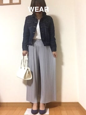 「プリーツ」｜「アイテム（デニムジャケット）」を使った、だりあさん（レディース・156cm）の春コーディネート