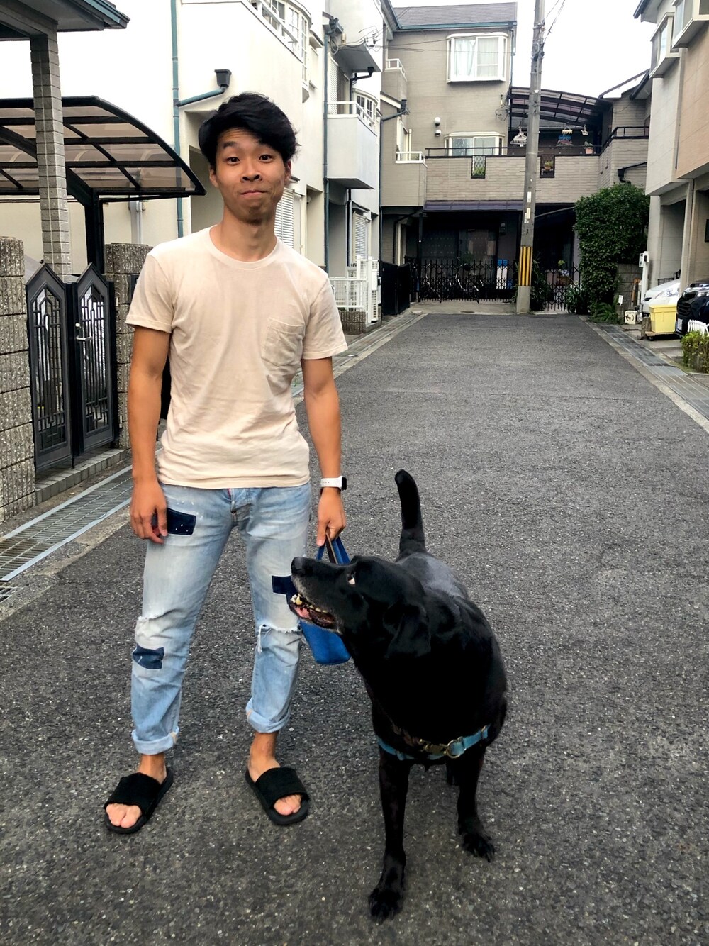 「夏、Tシャツ、ベージュ、デニム、散歩、カットソー、シンプル、summer、黒ラブ、リラックススタイル」｜「v::roomのアイテム（Tシャツ/カットソー、ベージュ系）」を使った、たくまールさん（メンズ・172cm）の夏コーディネートの1枚目の写真