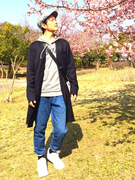 「ワークキャップ」｜「アイテム（チェスターコート）」を使った、M-HEROさん（メンズ・170cm）の春コーディネート