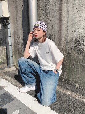 「原宿」｜「アイテム（ニットキャップ/ビーニー）」を使った、服部 天音さん（レディース・157cm）の春コーディネート