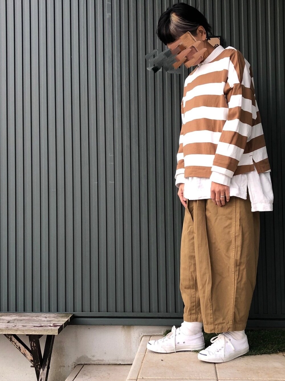 「今日のコーデ、春、ゆるコーデ、サーカスパンツ、harvesty、ハーベスティ、スタディオクリップ(studio CLIP)、studio clip、ボーダー、ブラウン色に染まれ」｜「studio CLIPのアイテム（トップス、ブラウン系）」を使った、coccon◡̈*さん（レディース・157cm）の冬コーディネートの1枚目の写真