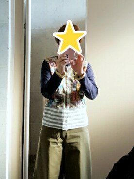 「COMME des GARCONS（コムデギャルソン）のアイテム（Tシャツ/カットソー、ブルー系）」を使った、かつこんさん（レディース・165cm）の春コーディネート