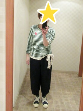 「COMME des GARCONS（コムデギャルソン）のアイテム（Tシャツ/カットソー、グリーン系）」を使った、かつこんさん（レディース・165cm）の春コーディネート