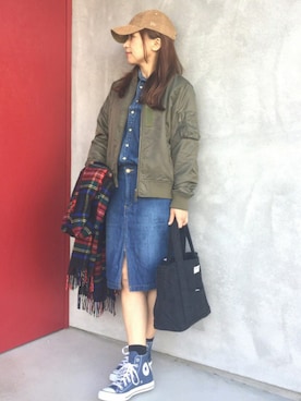 「トートバック」｜「アイテム（MA-1）」を使った、かおりりいさん（レディース・150cm）の秋コーディネート