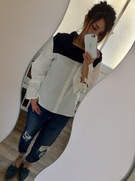 「ブルー x ホワイト」｜「アイテム（その他シューズ）」を使った、もやっち＊°さん（レディース・163cm）の春コーディネート