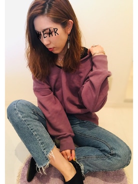 「select MOCA（セレクトモカ）の【GISELe4月号掲載】【GISELe12月号掲載】センタープレスストレートヘムラインカットオフダメージ加工デニム（デニムパンツ）」を使った、もやっち＊°さん（レディース・163cm）の春コーディネート