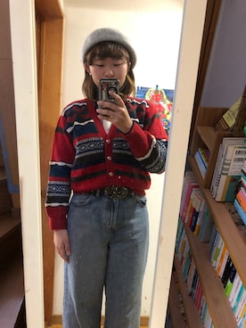 「古着のアイテム（カーディガン/ボレロ、レッド系）」を使った、ぴなっつ🌱さん（レディース・158cm）の春コーディネート