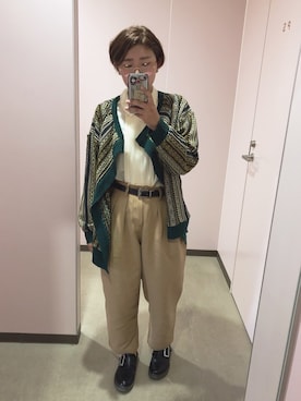 「チチカカ（チチカカ）のエスニジャガードニット　カーディガン（カーディガン/ボレロ、グリーン系）」を使った、ぴなっつ🌱さん（レディース・158cm）の秋コーディネート