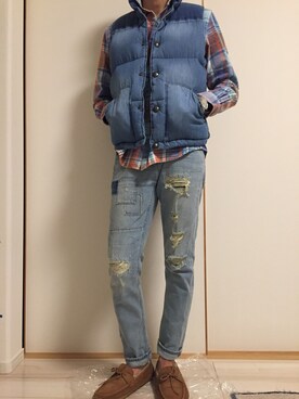 「海」｜「アイテム（モカシン/デッキシューズ）」を使った、tanaさん（メンズ・180cm）の冬コーディネート