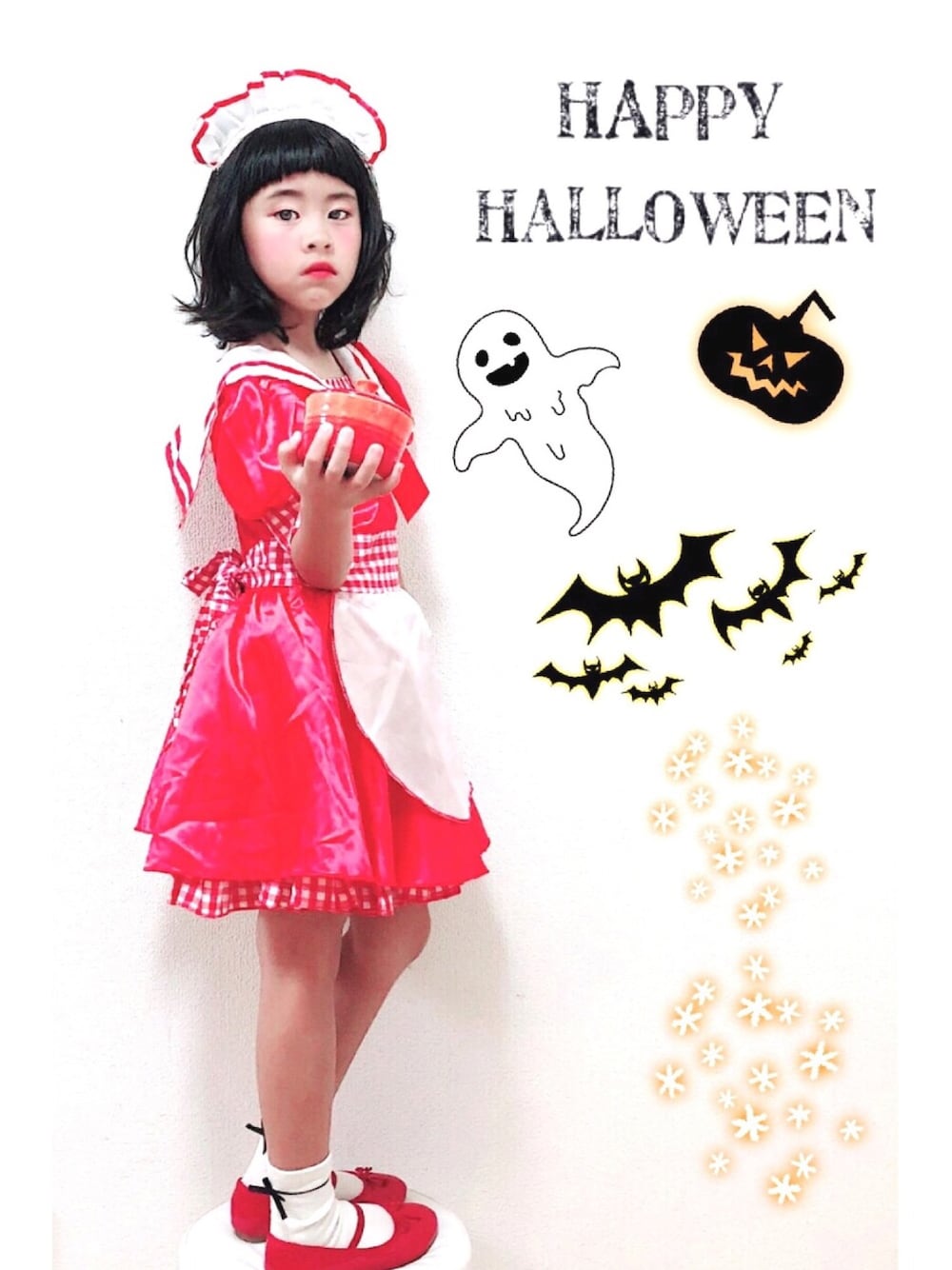「wearhalloween2018、キッズコーデ、ハロウィン、メイド服、ギンガムチェック、エプロン、赤」｜「OR KIDSのアイテム（パンプス、レッド系）」を使った、りちゅ♡♡さん（キッズ・120cm）の秋コーディネートの1枚目の写真