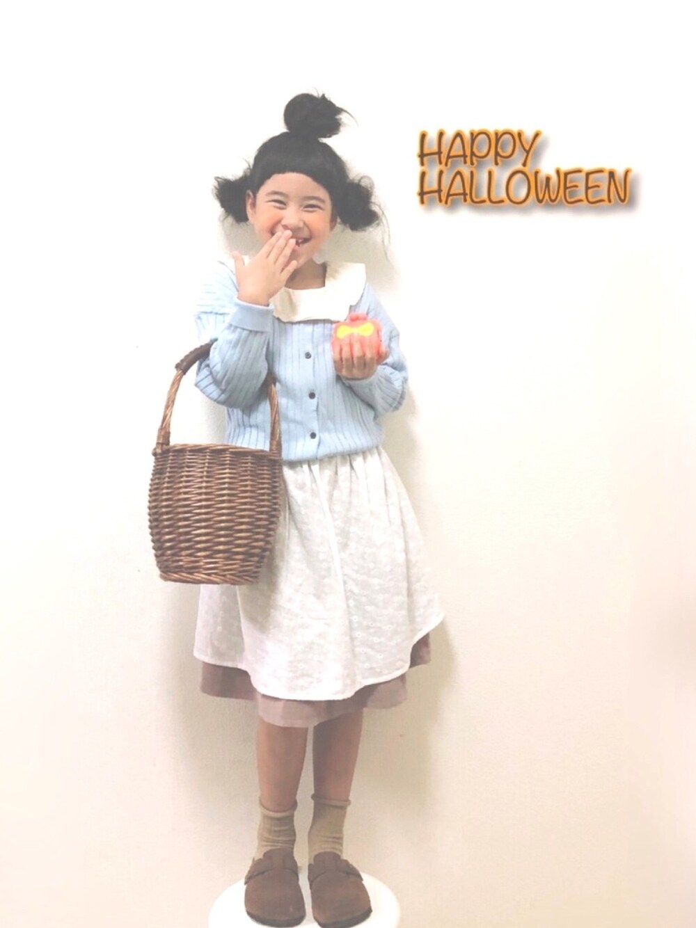 「wearhalloween2019、hokkoriko、サザエさんヘアー、サザエさん」｜「hokkorikoのアイテム（スカート、ホワイト系）」を使った、りちゅ♡♡さん（キッズ・120cm）の秋コーディネートの1枚目の写真
