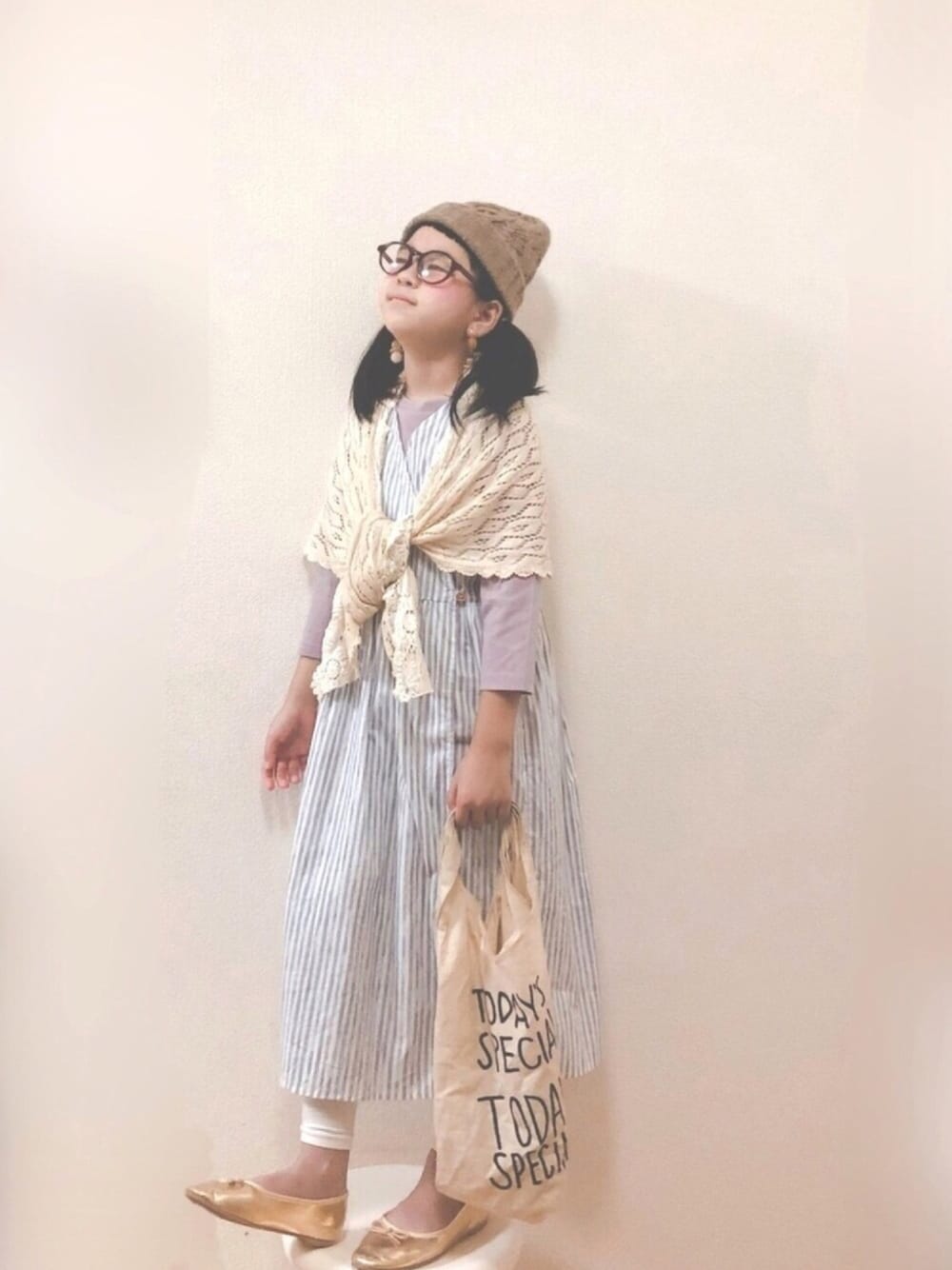 「hokkoriko de ほっこり③、ナチュラルスタイル」｜「hokkorikoのアイテム（ワンピース、ホワイト系）」を使った、りちゅ♡♡さん（キッズ・129cm）の秋コーディネートの1枚目の写真