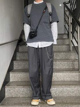 「日系极简」｜「アイテム（スラックス）」を使った、小朋友你是否有很多问号さん（メンズ・169cm）の秋コーディネート