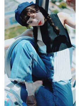 「ハイウエストパンツ」｜「アイテム（ハンチング/ベレー帽）」を使った、T Λ Eさん（レディース・158cm）の夏コーディネート