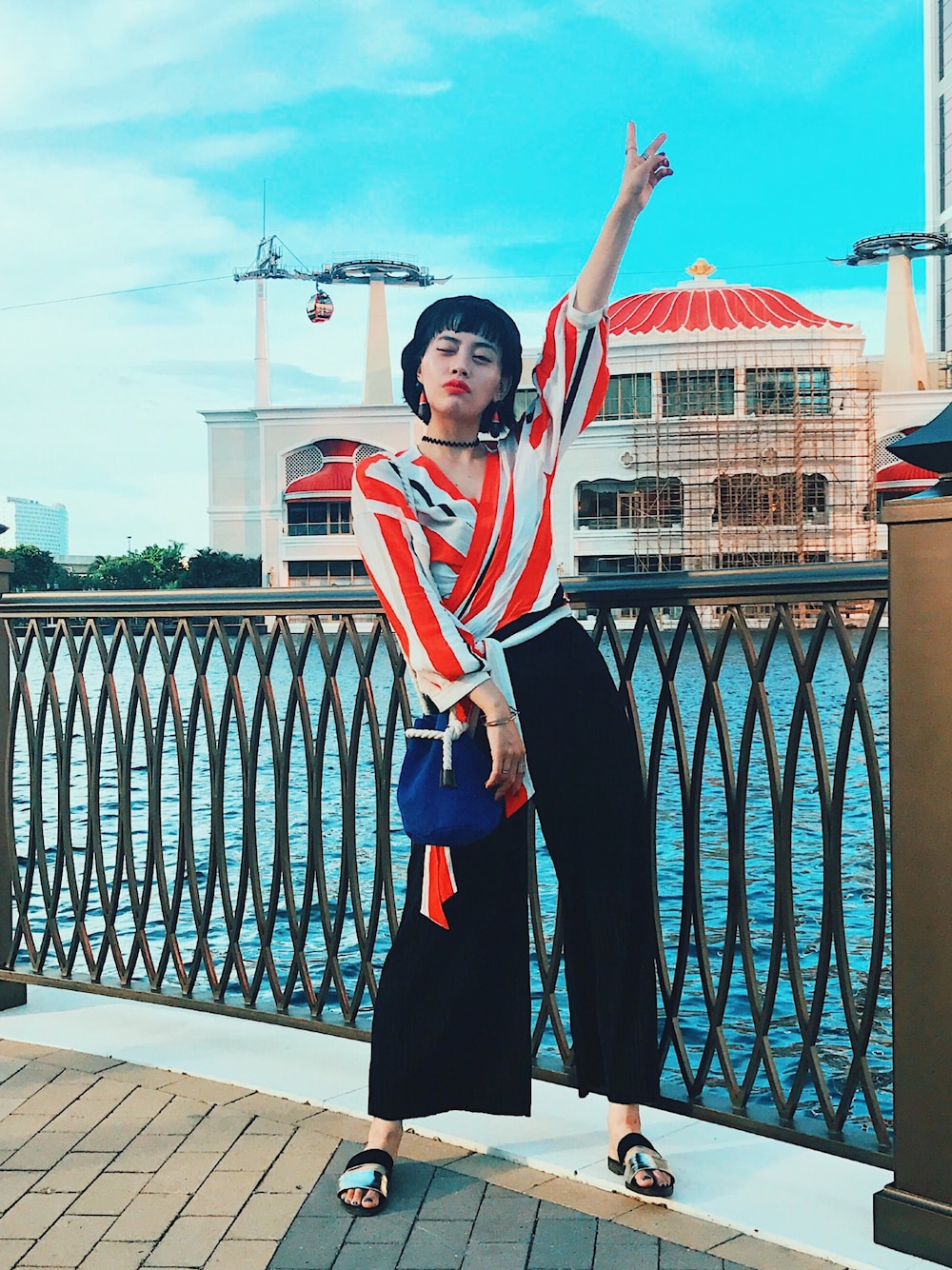 「マカオ、ベレー帽、プチプラコーデ、帽子、ZARA、サンダル、ストライプ、オレンジ、プチプラ、夏コーデ」｜「ZARAのアイテム（トップス、オレンジ系）」を使った、T Λ Eさん（レディース・158cm）の夏コーディネートの1枚目の写真