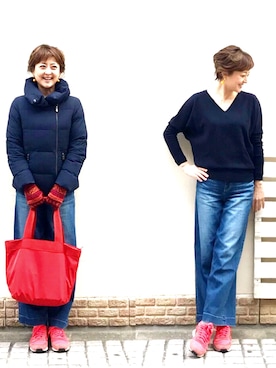 「アイテム（トートバッグ、レッド系）」を使った、Ｌエルさん（レディース・161cm）の冬コーディネート