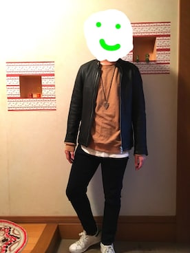 「JUNRED（ジュンレッド）のアイテム（ライダースジャケット）」を使った、くるるんさん（メンズ・169cm）の冬コーディネート