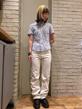 「HYSTERIC GLAMOUR（ヒステリックグラマー）のストレートホワイトデニムパンツ（その他パンツ、ホワイト系）」を使った、minonminyonさん（レディース）の夏コーディネート