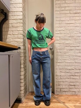 「HYSTERIC GLAMOUR（ヒステリックグラマー）のBAD AS MAMA フレアデニムパンツ（デニムパンツ、ブルー系）」を使った、minonminyonさん（レディース）の夏コーディネート