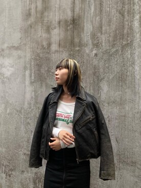 「HYSTERIC GLAMOUR（ヒステリックグラマー）のカウレザー USED加工ダブルライダースジャケット（ライダースジャケット、ブラック系）」を使った、minonminyonさん（レディース）の秋コーディネート