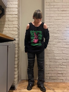 「HYSTERIC GLAMOUR（ヒステリックグラマー）のスクラッチフレアデニムパンツ（デニムパンツ、ブラック系）」を使った、minonminyonさん（レディース）の秋コーディネート