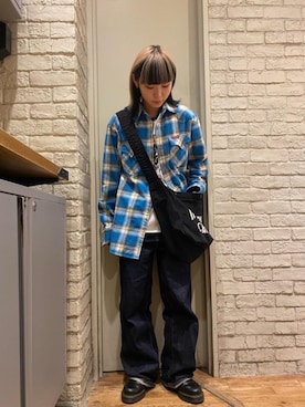 「HYSTERIC GLAMOUR（ヒステリックグラマー）の1タックワイドデニムパンツ（その他パンツ、ブルー系）」を使った、minonminyonさん（レディース）の秋コーディネート