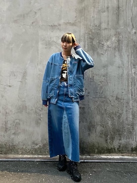 「HYSTERIC GLAMOUR（ヒステリックグラマー）のオーバーサイズデニムリブブルゾン（ブルゾン、ブルー系）」を使った、minonminyonさん（レディース）の冬コーディネート